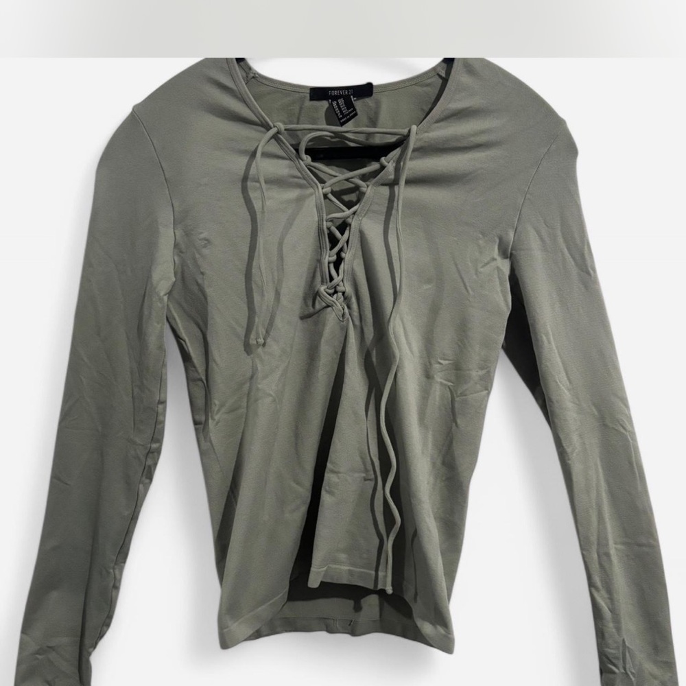 Forever 21 Trendy Khaki Green Lace-Up Top
